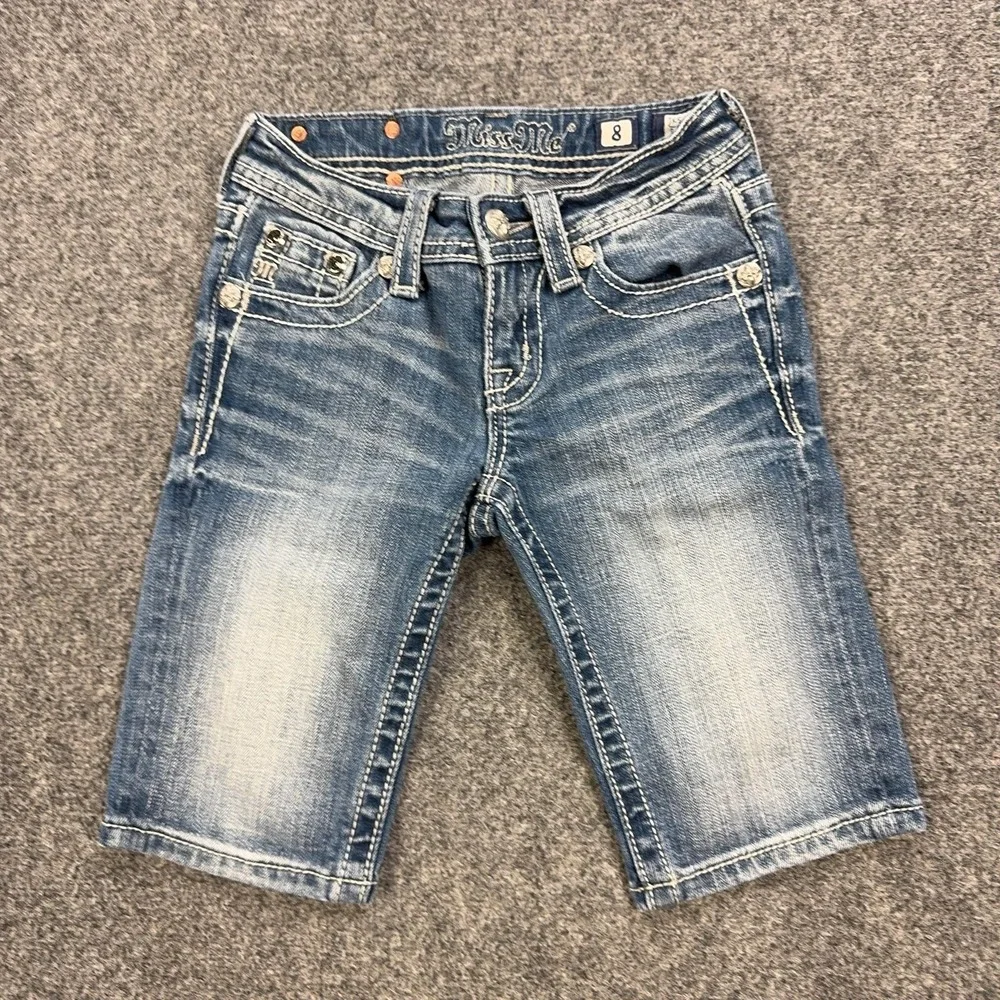 Miss Me Bermuda Shorts Girls 8 Blue Denim Jean Embroidered Cross Pockets JK5445M